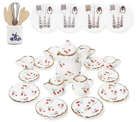 Escala 1/12 Miniaturas Tazas de Té Plato y Cubiertos Utensilios Cocina Accesorios Casa de Muñecas, Cereza
