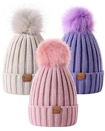MSDC Beanie Mütze Damen mit Bommel 3 Stück, Mütze Damen Winter Modisch Gestrickte Warme Totenkopfmütze, Mütze Damen für Kaltes Wetter(Beige+Rosa+Violett)