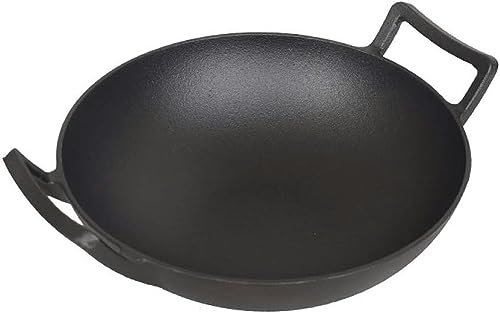 FLTRGO Gusseisen-Wok-Pfanne Unendlicher Wok Unbeschichtetes Doppelohr Dicker Eisentopf Roher Alter Antihaft-Gaskocher Universal,Flachboden32cm