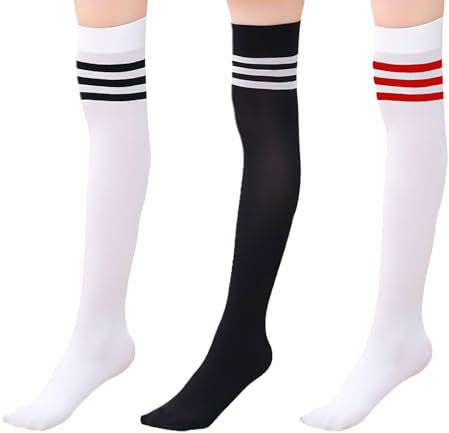 APOMOONS 3 Paar Kniestrümpfe Damen Gestreifte Overknee Strümpfe Damen Lange Gestreifte Sportsocken Weiche Baumwolle Warme Kniestrümpfe Beinwärmer für Mädchen Cheerleading Volleyballsocken