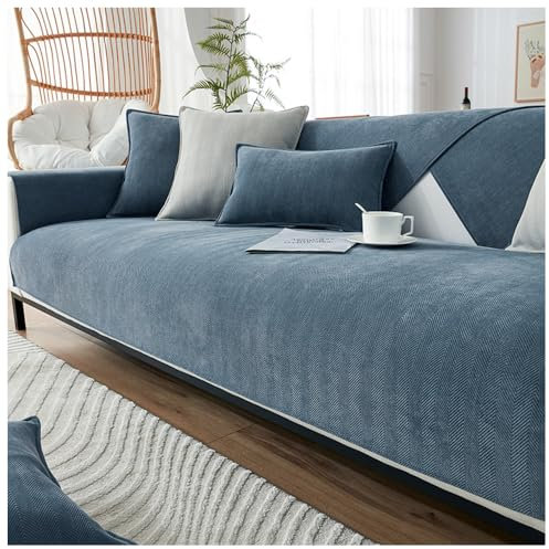 NUODWELL Fischgrätenmuster Chenille Sofabezug 1/2/3/4 Sitzer, Möbelschutz Couchbezug Universal rutschfest L Form Couchbezug gesteppte Eckhussen für Wohnzimmer (Graublau, 90 x 90 cm)
