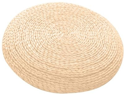 Coussin de Siège Plat en Paille, Coussin Rond de Futon en Rotin Tissé de Style Japonais, Coussin Plat Polyvalent en Paille Respirant pour Tapis de Yoga, Pouf Doux, Coussin de Sol Tatami(30CM/Blanc)