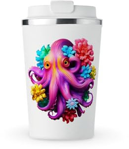 MAXIKIWI Isolierter doppelwandiger, auslaufsicherer Edelstahlbecher, Kaffee- oder Tee-Reisebecher mit Deckel, hält Getränke heiß und kalt, 3D-Blumen-Krake, 350 ml