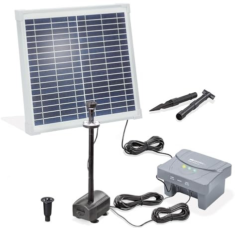 esotec Kit de pompe solaire pour bassin 15 550 LED, batterie LiFePo4, pompe d'arrosage 550/h, piquet de terre, panneau solaire 15 W, fontaine solaire de jardin, jeu d'eau, kit complet, extérieur
