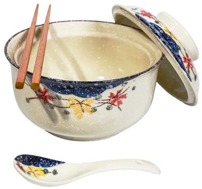 Ensemble de bols Ramen en céramique 800 ml avec couvercle, cuillère et baguettes, grands bols à soupe japonais vintage bol de nouilles instantanées vaisselle asiatique (Couleur * 1)