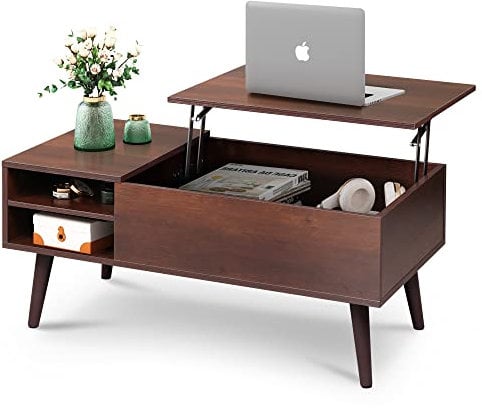 WLIVE Couchtisch Höhenverstellbar, Wohnzimmertisch mit Verstecktem Fach und Verstellbarem Regal, Kaffeetisch für Wohnzimmer, Büro, Braune Eiche