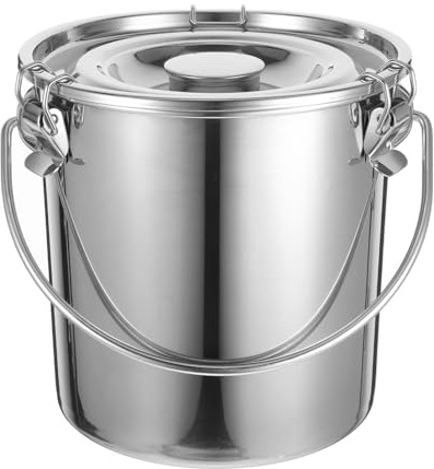 OUNONA 6L Stainless Steel Bucket with Lid for Cooking Oil Storage | Carry Handle and Buckle Closure for Kitchen and Catering Transport