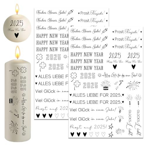 Scentoria 2 Stück Kerzentattoos Weihnachten, Rub on Sticker Weihnachten Tattoo 20x30 cm, Kerzen Tattoo Weihnachten, Kerzentattoo Neujahr, Kerzenfolie Neujahr, Deko Kerzen für Happy New Year(6)