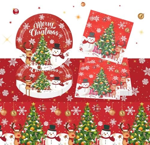 41pcs Christmas Paper Tableware Set, Red Party Tableware Decorations Including Table Cloth Napkins Paper Plates, Xmas Party Table Decorations for Boys Girls 20 Guests (Red-01)