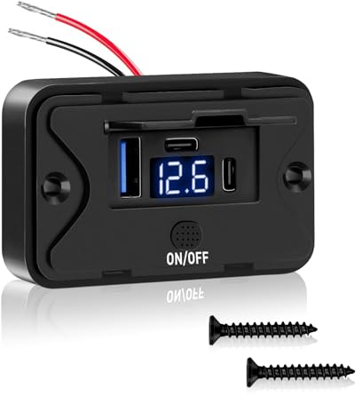 Daakro 72W USB Ladebuchse 12V Autoladegerät Mit Voltmeter QC3.0 USB & Dual PD3.0 Typ C Handy Schnellladegerät Wasserdicht mit Schalter für 12 V / 24 V Wohnwagen, Auto, Motorräder, LKW