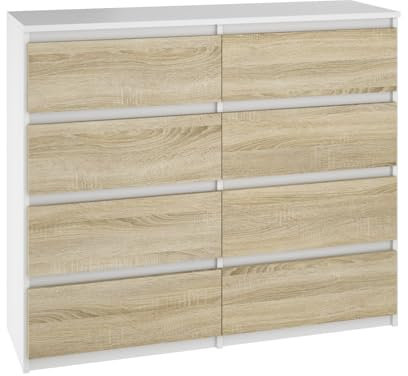 YUMEBLY Kommode 8 Schubladen Weiß- Sonoma 100,5x93x33,5cm | Schrank für Kleidung, Dokumente, kleine Gegenstände | Ideal für Schlafzimmer, Wohnzimmer, Kinderzimmer und Büro