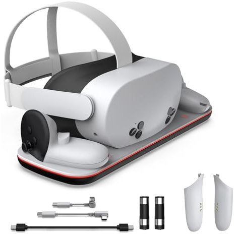 LiLiTok Ladegerät für Meta Quest 3S, Ladestation für Quest 3S VR Headset und Controller, Ladegerät Ständer mit 2 Wiederaufladbaren Batterien für Quest 3S Zubehör