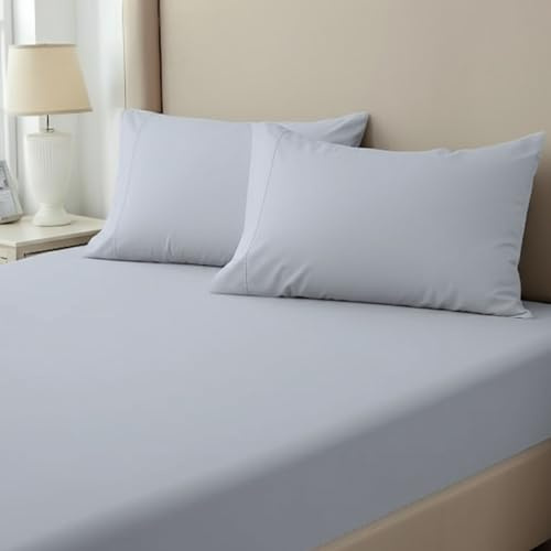 HOME PRIDES Double Fitted Sheet Set - 100% Cotton 200 Thread Count Bed Sheets, 3-Piece Crisp Percale Weave, Cooling & Breathable with 38cm deep fit, Oeko-Tex Certified, Light Grey