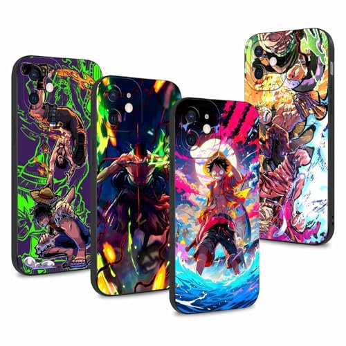 4 Pack Phone Case For iPhone 11 6.1 inch, Case Anime Luffy Gear 5 Nika Zoro Sun God Cartoon Manga Pattern Shockproof Soft Aesthetics Design Full lens Protection Cover for Children Boy Girl, Black