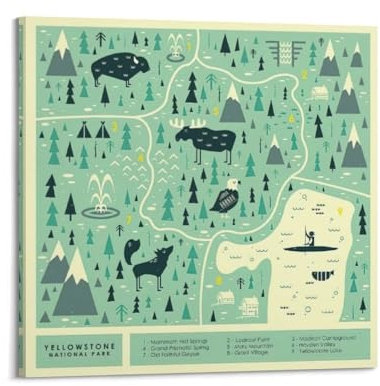 qiyan Poster, Motiv: Karte Yellowstone Park, Reisekarte, Poster, dekoratives Gemälde, Leinwand, Wandposter und Kunstdruck, modernes Familienschlafzimmer, Dekoration, Poster, 30 x 30 cm
