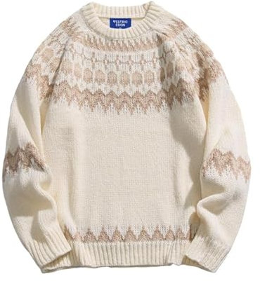 Aelfric Eden Pullover für Damen Fair Isle Strickpullover Norweger Muster Pullover mit Rundhalsausschnitt Sweater Weihnachten Winterpullover Beige M