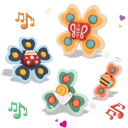 GOTDYBST 4 Piezas Juguetes Giratorios con Ventosa para Bebé, Spinner Bebe, Ventana, Trona, Avión, Viajes - Silicona de Grado Alimenticio，Adecuado para niños a Partir de 6 Meses，Vistoso
