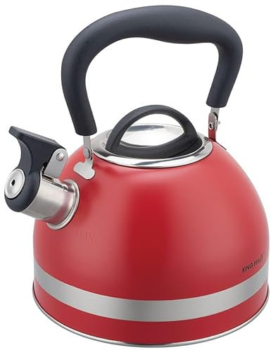 Kinghoff Wasserkessel 1.8L aus Edelstahl, Pfeifkessel Induktion, klein Flötenkessel, Teekessel mit Einklappgriff, Wasserkocher für alle Kochplatten, Kessel matt rot KH-1853