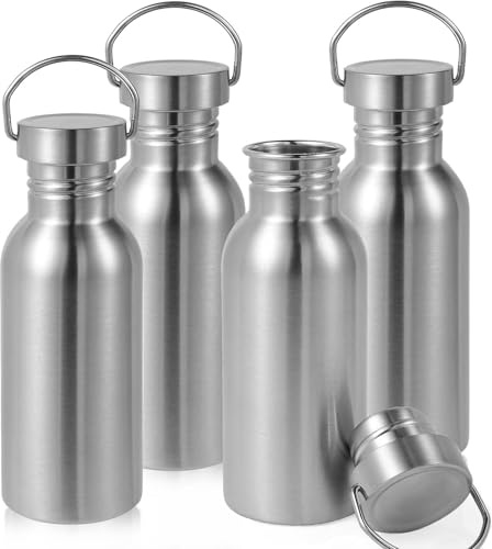 Volhoply 600ml Uninsulated Single Walled Water Bottle 4 Pack, Stainless Steel Reusable Water Bottles with Handle, BPA Free & Plastic Free 18/8 304 Metal Water Bottles for Camping, Hikers, Cyclists