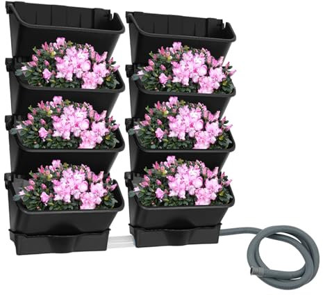 Lot de 8 pots de fleurs muraux en polypropylène – Système de jardin vertical moderne avec tuyau de drainage de 6,56 m, capacité de charge par niveau – Design noir pour balcon et terrasse