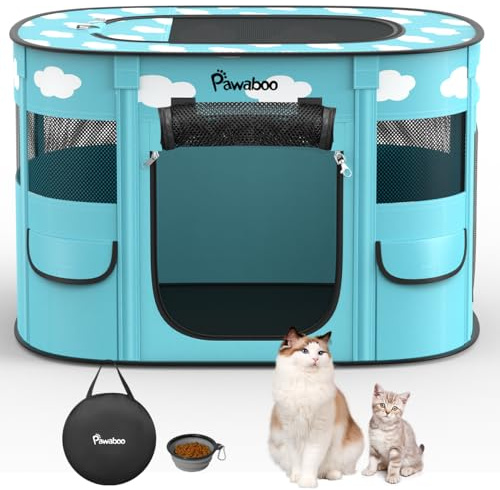 Pawaboo Tragbarer Haustierstall, Faltbarer Hundelaufstall mit Wasserdichtem Oxford, Katzengehege mit Reisetasche Faltbarem Napf, Outdoor Indoor Gebrauch für Welpe Katze, L, Blau + Weiß Wolken