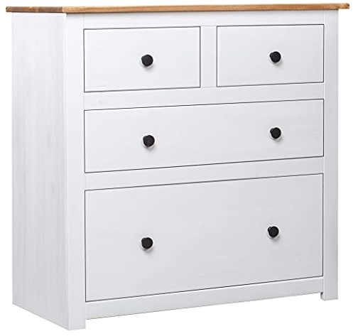 RMIHSJG Sideboard Weiß 80x40x83 cm Kiefernholz Panama mit 4 Schubladen für Wohnzimmer, Massivholz Kommode mit rustikalem Design und robuster Ablagefläche, Handgefertigt Unikat