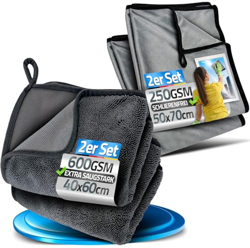 LOCO BIRD saugstarkes Trockentuch Dusche 600GSM + Spiegeltuch für streifenfrei Glanz 40x50cm 2er Set- Fast Dry Microfaser Putztuch für Badezimmer, Microfasertuch in grau, Simply Shiny Bath