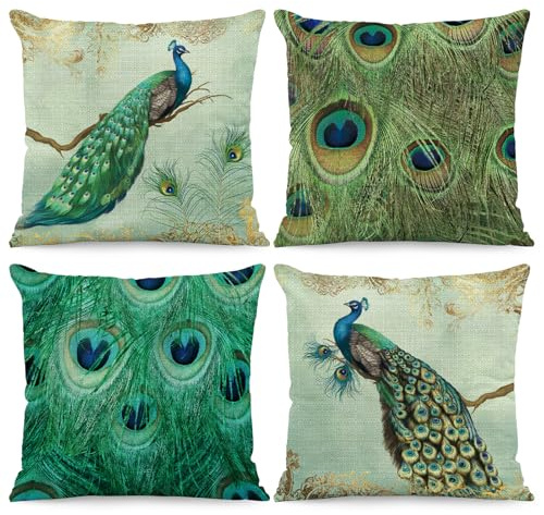 BREASOME Kissenbezug 45x45 cm 4er Set Kissenbezüge Pfau und Feder Doppelseitig Leinen Kissenhülle Dekorative Sofakissen Dekokissen Zierkissenbezug für Sofa Couch Wohnzimmer Schlafzimmer