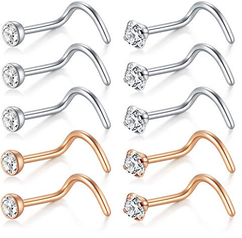 D.Bella Nose Rings 10Pcs 18G Nose Screw Rings Studs Surgical Steel Piercing Jewelry 2mm Clear CZ Silver