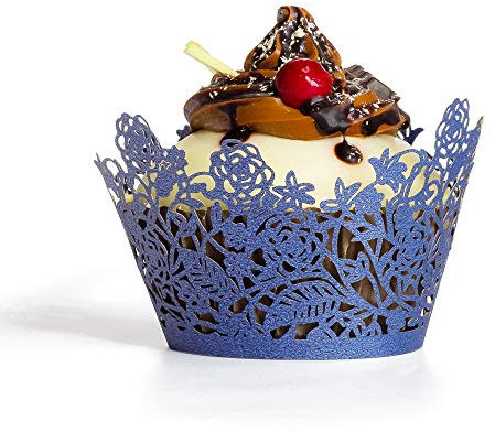 YOZATIA Cupcake-Förmchenhalter, Lasergeschnittene Cupcake-Förmchen, 60 Stück, marineblaue Rosen aus Spitze, für Hochzeit, Party, Geburtstag, Kuchendekoration
