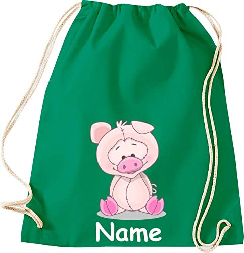Shirtinstyle Turnbeutel Tiere Schwein Schweinchen mit Wunschnamen, Beutel Tasche, Farbe Kellygreen