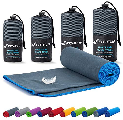 Fit-Flip Asciugamano Microfibra - Asciugamani Palestra Compatto e Ultraleggero - Il Perfetto Telo Mare Grande - ottimale per Viaggio, Sport e Piscina (50x110cm Grigio Scuro - Bordo Blu)