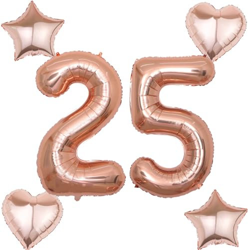 2 Luftballons Zahl 25 rosegold+4 pcs herz/stern Folienballon 25 .Geburtstag Deko frau rosegold ,40 Luftballons 25 .geburtstagsdeko frauen 25 jahre,ballon 25. geburtstag deko frau (rosegold 25)