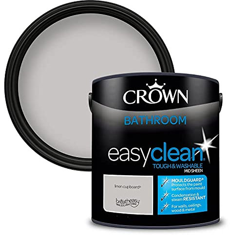 2.5L CROWN Easyclean Bathroom MID-SHEEN Emulsion Multi Surface Paint With MOULDGUARD+ That can be Used on Walls, Ceilings, Wood and Metal. Stain & Scrub Resistant Formula – Linen Cupboard