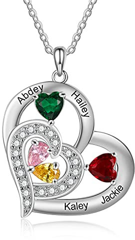 Wamantic Collier Prénom Personnalisé Femme – Collier avec Cœur et 1 à 6 Pierres de Naissance – Bijoux Cadeau Personnalisé pour Noël Anniversaire Saint-Valentin Fête des Mères Maman