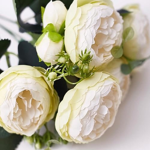 The Baked Studio Bouquet de pivoines artificielles en soie et rose thé 9 têtes de plantes artificielles réalistes pour loisirs créatifs, gâteaux, salon, décoration de mariage (blanc avec vert)