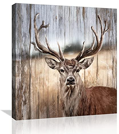 Rustikale Elch-Wanddekoration auf Leinwand, Wandkunst, Tier-Thema, Kunst für Badezimmer, moderne Hirsch-Bilder, gerahmt, Bauernhaus, Heimwanddekoration, Größe 35.5 x 35.5 cm