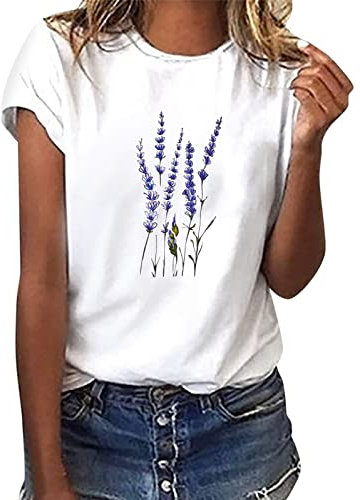 heekpek Sommer T-Shirt Damen Basic T Shirt Bedrucken Rundhalsausschnitt Weiß Oberteile Baumwolle Casual Damen Kurzarm Bluse Tops, Lavendel, S