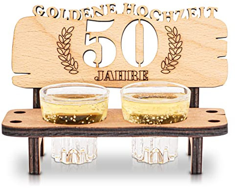 DARO Design - Schnapsbank 50. Hochzeitstag Goldene Hochzeit Geschenk Deko für Paare Männer Frauen aus Holz mit Gläsern