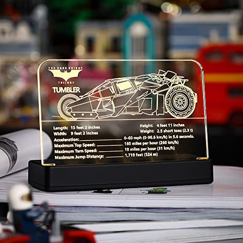 Kyglaring Glowing Clear Acrylic Name Plate with Power Base Designed for Lego DC Batman Batmobile Tumbler 76240 Building Set Sign Display