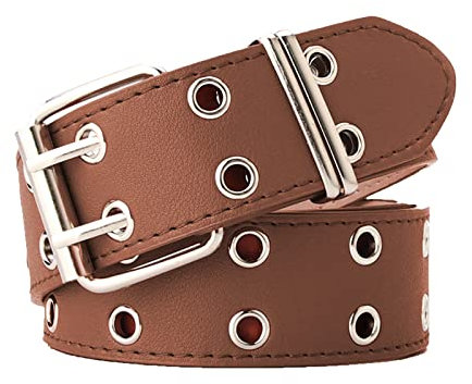 NiceYnn Double Grommet Double Eyelet Punk PU Leather Belt - Studded Goth 3.3cm Wide Rock Belt Stylish Women Men Jeans Pants Halloween Costume