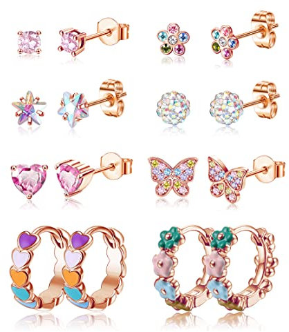 ORAZIO 8 Paires de Boucles d'Oreilles Hypoallergéniques à Vis Pour Femmes et Filles - Acier Inoxydable, Forme de Cœur en CZ, Mignonnes en Forme de Fleur