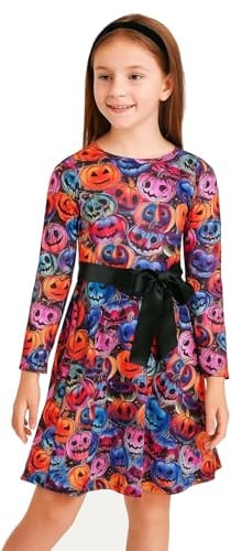 A2Z 4 Kids Girls Skater Dress Long Sleeves Multi Color Pumpkins Print Soft Comfortable Halloween Party Fashion Dresses Age 5-6, 7-8, 9-10, 11-12 & 13 Year