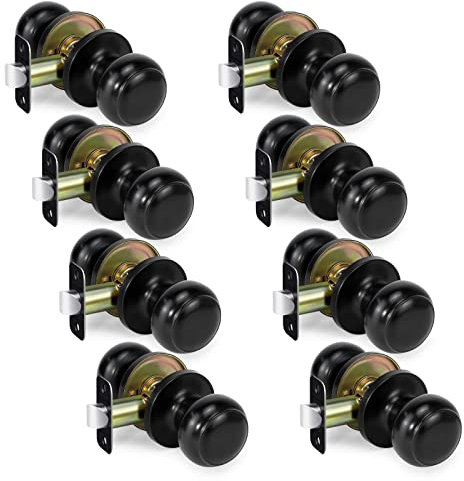 LOQRON Passage Door Knob, Non-Locking Interior Door Lock 8Pack Wholesale, Round Handles for Right and Left Side Hallways, Closet Knobs Keyless Hardware, Matte Black