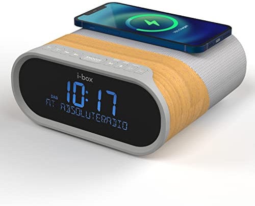 i-box Alarm Clocks Bedside, Alarm Clock with Wireless Charging, Bluetooth Speaker, Radio Alarm Clock, Fast 10W Qi Wireless Charger, 5W Stereo Speakers, Mains Powered, FM Radio, 2x USB Charging Ports