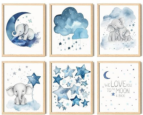 97 Decor Baby Mädchen Elefant Kinderzimmer Dekor – Baby Jungen Zimmer Dekorationen für Kinderzimmer Wanddekoration, blauer Mond und Sterne Kinderzimmer Kunstdrucke, niedliches Elefanten-Poster