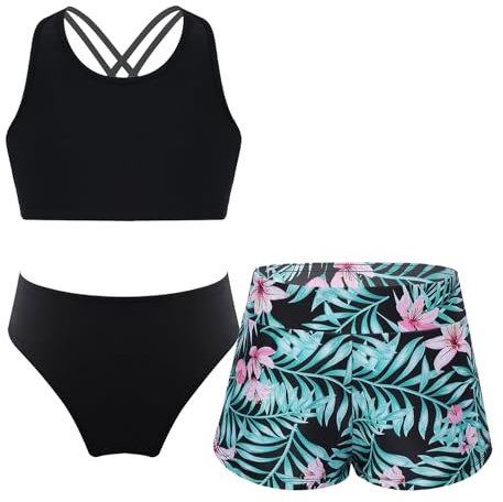 Alvivi Mädchen Bikini Tankini Set 3tlg.Tank Top+Shorts Slip Dreiteiliger Badeanzug Bademode Kinder Badebekleidung Schwimmanzug Sport Set Gr.98-176 A Lilie 134-140