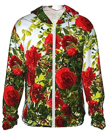 Red Roses Bush Printed Sun Protection Hoodie Sun Protection Clothing Lightweight Jackets Shirt Long Sleeve, Black, Medium