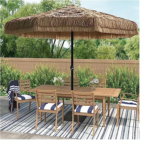 NOIRDA Grand Parasol hawaïen extérieur, Parasol en Paille de 2,7 m Pare-Soleil imperméable, avec mécanisme à manivelle, Parasol Portable tiki Hut, Couleur Naturelle