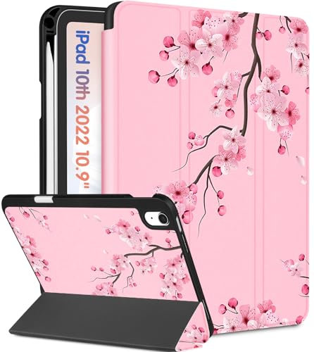 Wazzasoft Schutzhülle für iPad A16 2025 – für iPad der 10. Generation, niedliches Kawaii-Blüten-Design, Stifthalter, automatischer Schlaf-/Wachmodus, Tablet-Abdeckung für Apple 11/10, 10,9 Zoll (10,9
